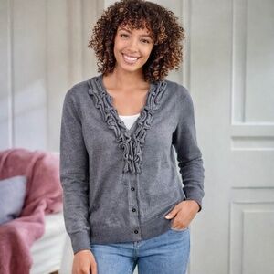 Talbots‎ Small Gray Ruffle Trim Button Front Knit Cardigan